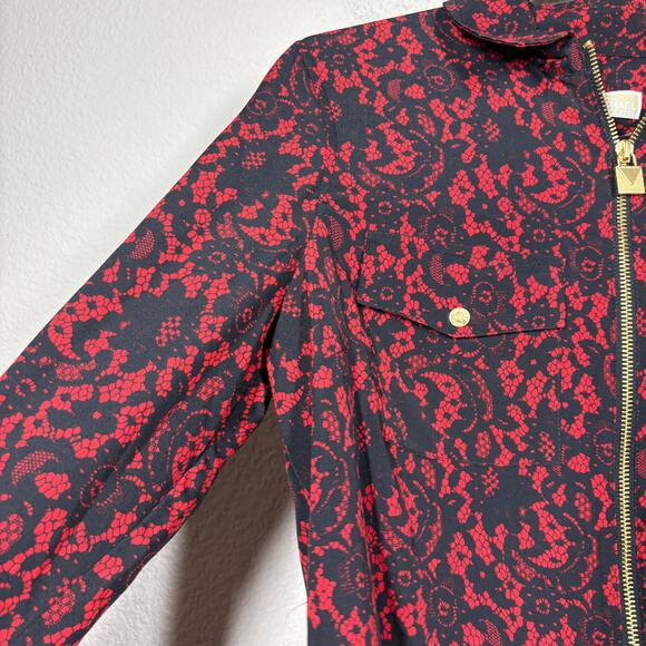 MICHAEL Michael Kors Medium Full Zip Shirt Crimson Black Floral Roll Tab Sleeves - Picture 4 of 11